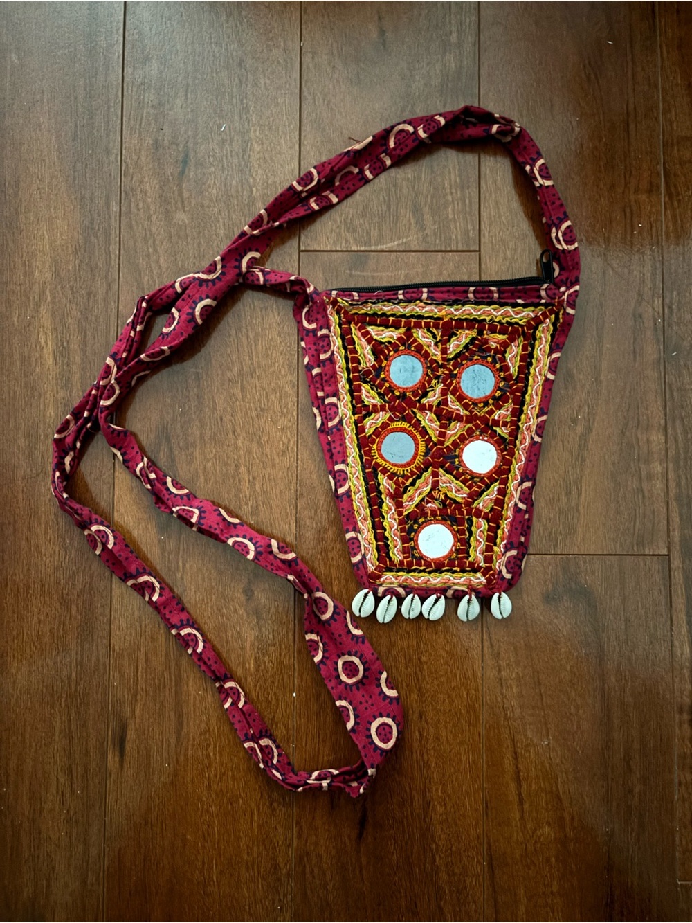 Handcrafted Maroon Embroidered Crossbody Bag with Shell Accents
